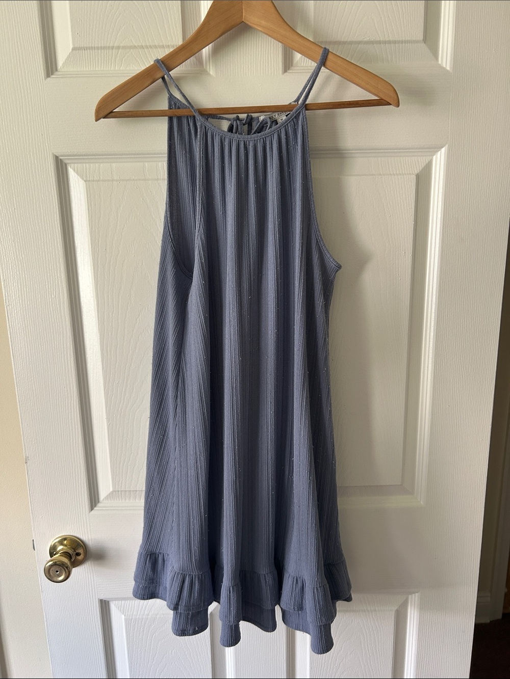 Green Envelope Dusty Blue Halter-Style Mini Dress with Ruffle Hem